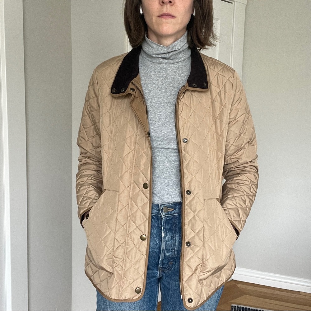 Lands' End Tan Quilted Jacket with Black Collar